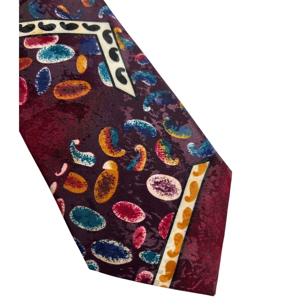 Vintage Designer Silk House Tie OS Burgundy Paisley Abstract‎ Geometric Silk A22